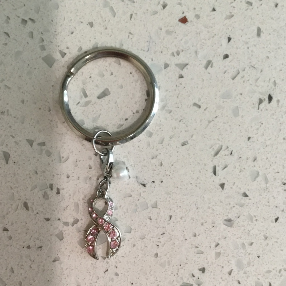 Silver Keyring with Pink Crystal Ribbon Charm by